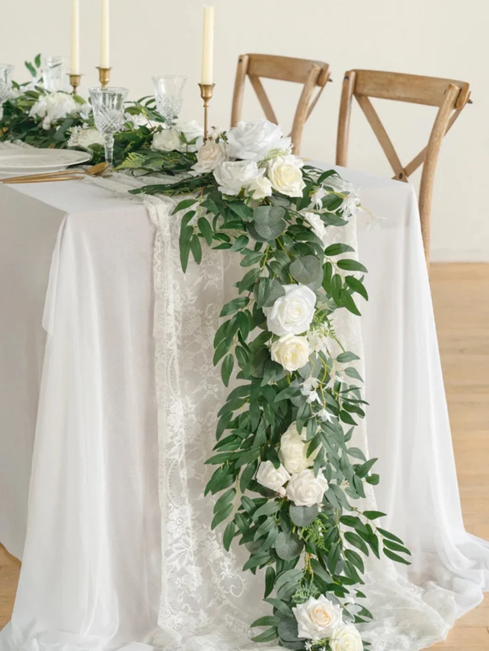 White Rose & Greenery Table Runner - Cascading Floral Garland